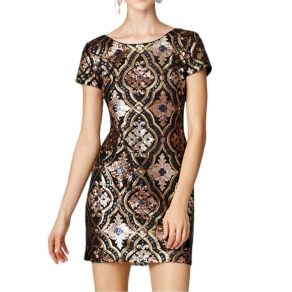 Maia Crewneck Cap Sleeve Art Deco Sequined Mini Sheath Dress, Size 2 - Picture 1 of 11